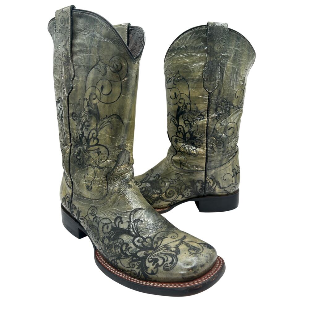 Lucchese Women's 9.5 Western  Boots Sage Green Floral design Distressed Leather